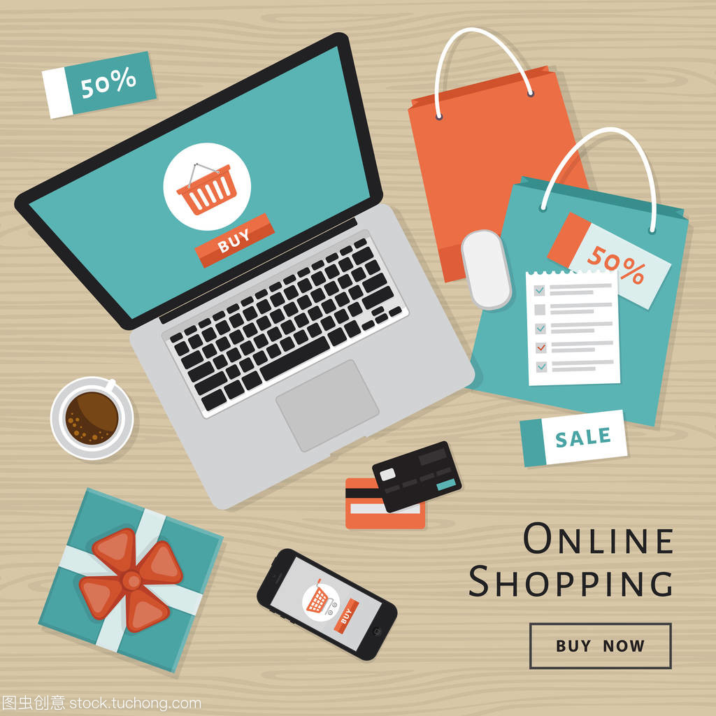 網(wǎng)上購物的概念。在線商店對象和橫幅。表與筆記本電腦, 購物袋, 信用卡, 禮品和優(yōu)惠券。平面樣式, 矢量插圖